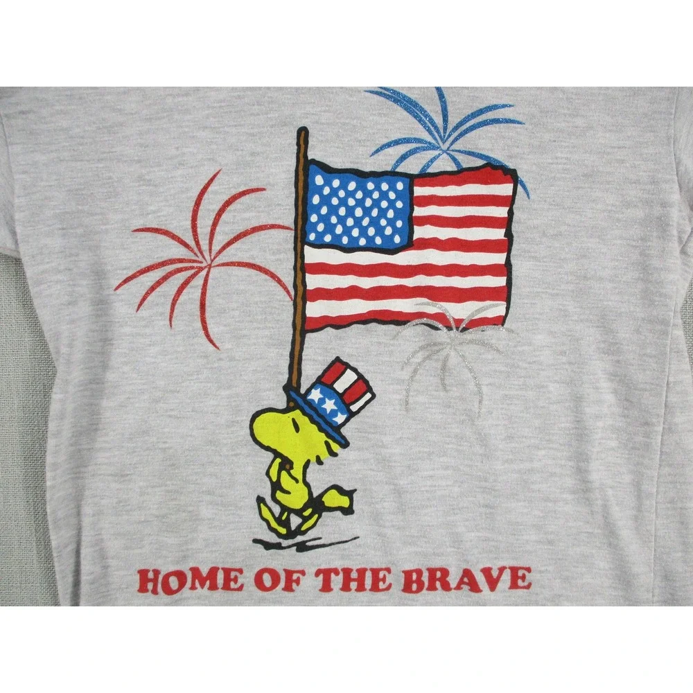 Peanuts‎ Woodstock Boys T Shirt Grey Patriotic American Flag Home of the Brave M